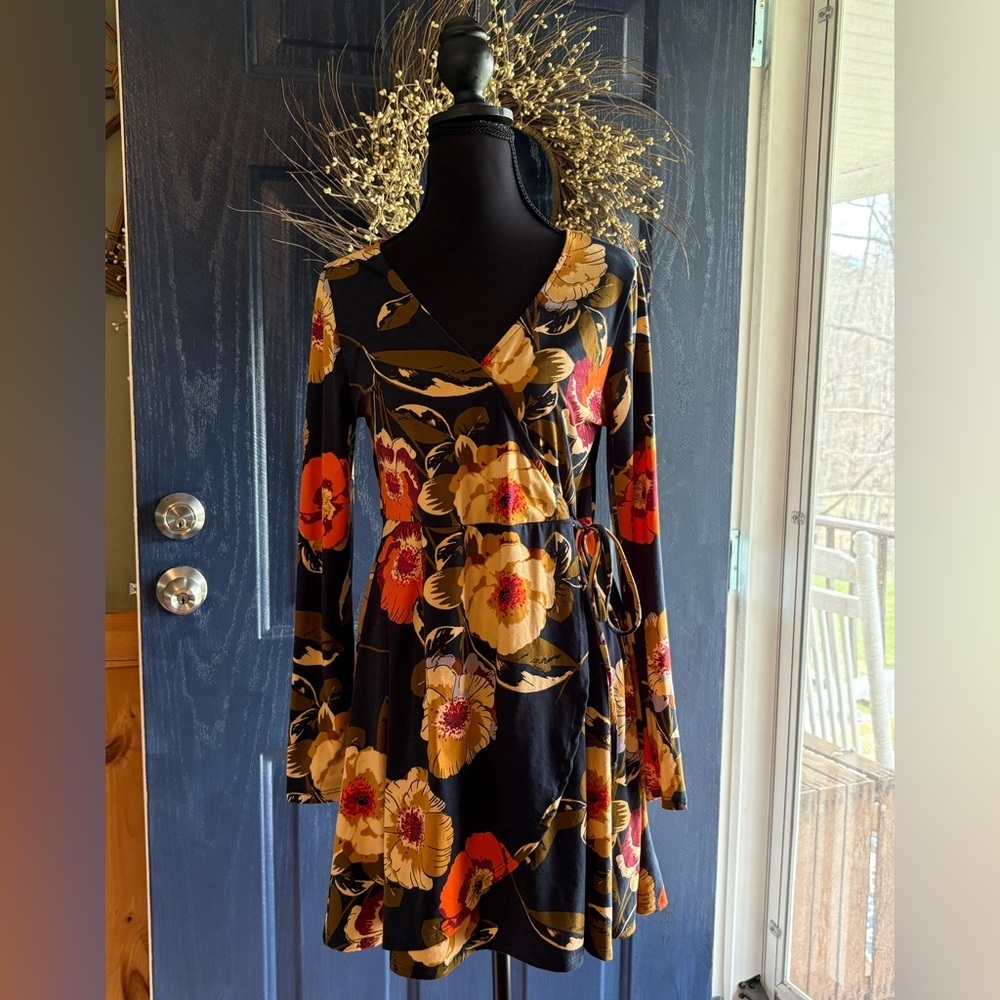 Altar'd State Orange and Yellow V-Neck Bishop Sleeve Sundress